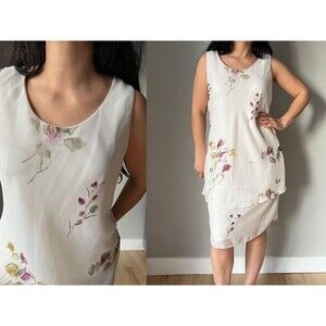 Vtg Jeffrey And Dara Floral Midi Dress Sz 8 beige purple Shift sleeveless tiered